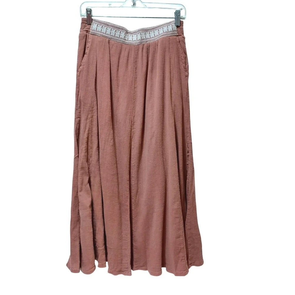 Garnet Hill Womens 10 Gauze Maxi Skirt Organic Cotton Boho Embroidered Earthy